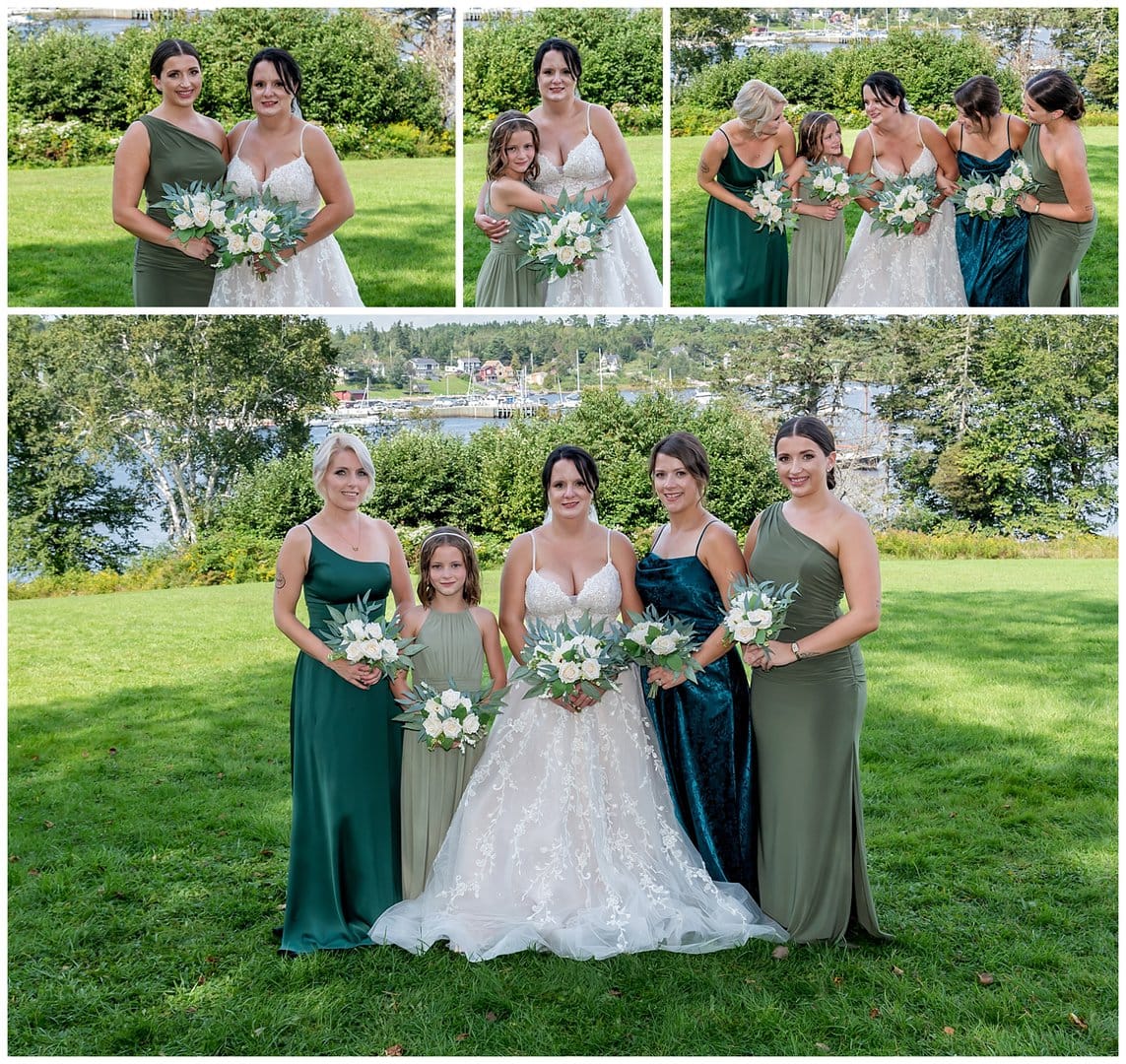 The bride with her bridesmaids pose for wedding photos in Hubbards NS.