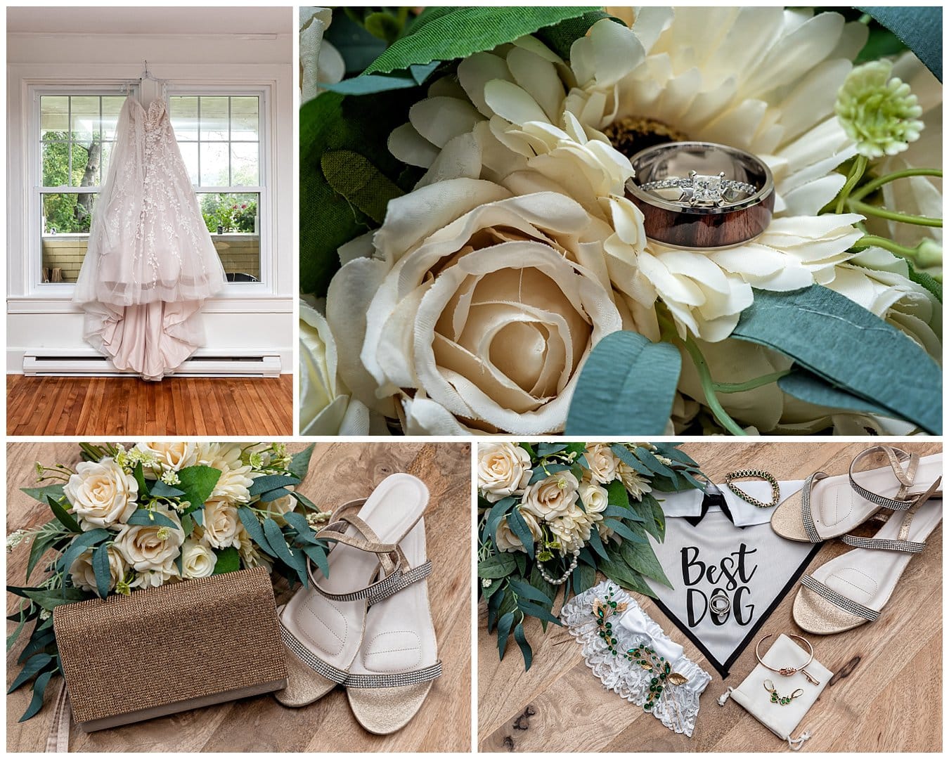 The bride's wedding dress, rings, bouquet, shoes and other accessories for her wedding day.