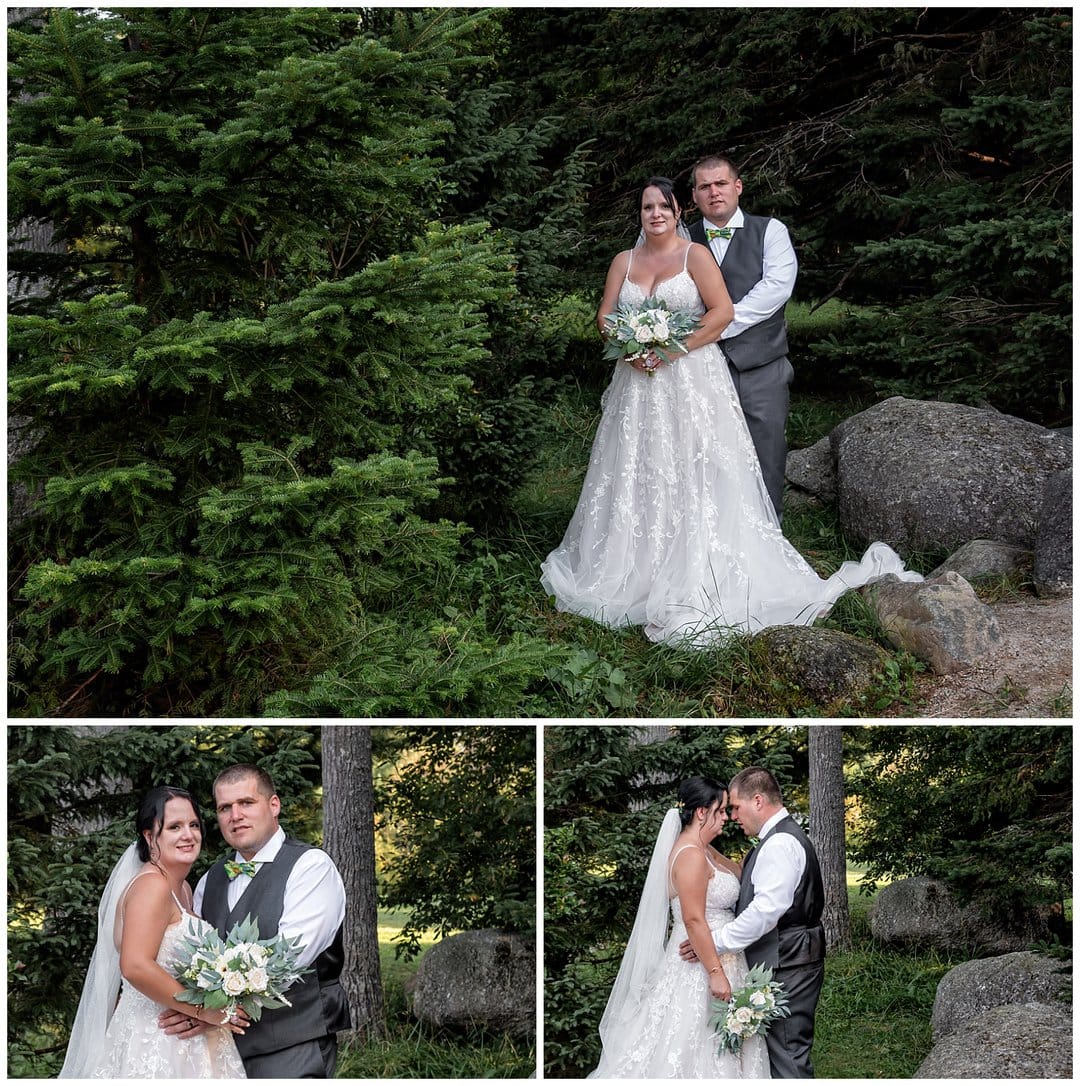 The bride and groom share a kiss while posing for wedding photos at the Hubbards Barn in NS.