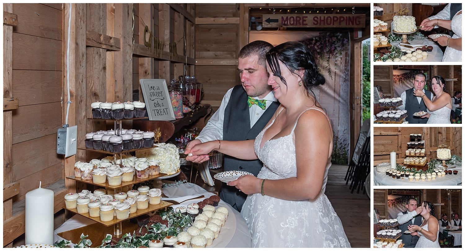 The bride and groom cut the cake during their wedding reception at Hubbards Barn in NS.