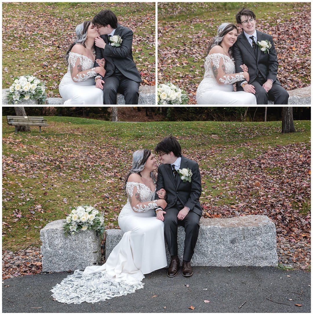 The bride and bride share a kiss while posing for wedding photos in Sir Fleming Park, Halifax NS.