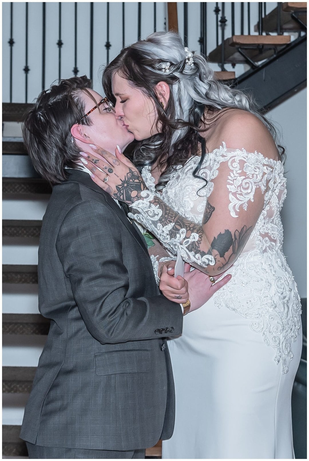 The bride and bride share their first kiss following their wedding vow exchange at Saraguay House in Halifax NS.