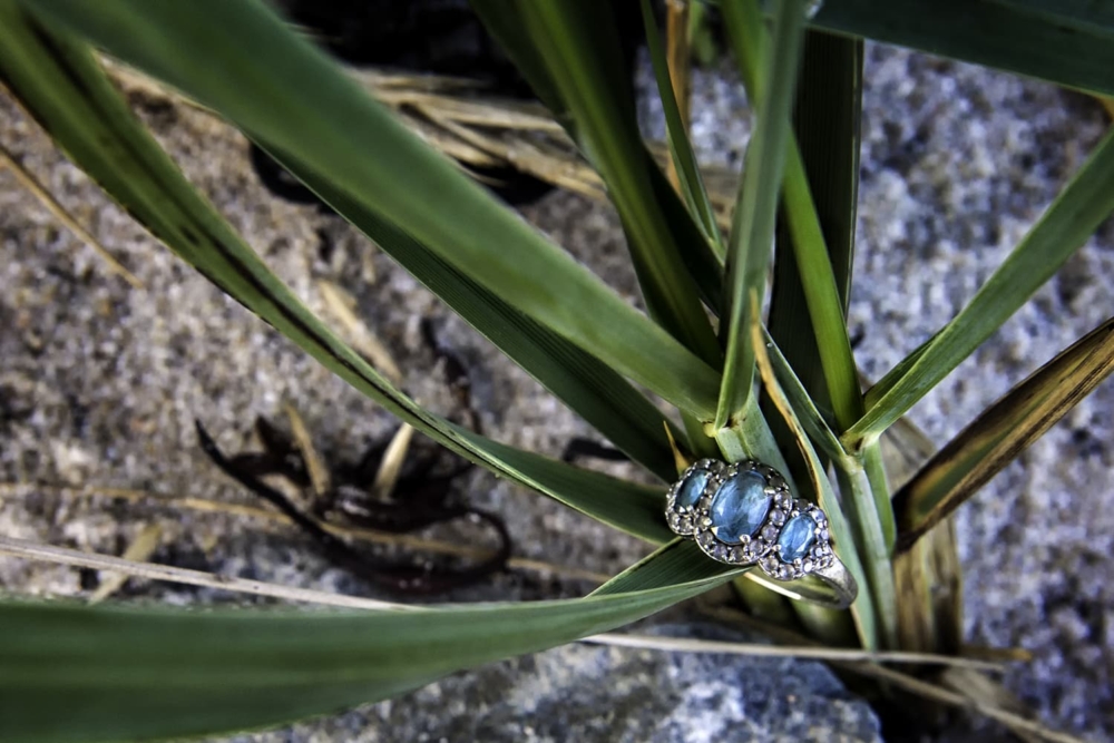 Engagement Portfolio Page A triple blue gemstone engagement ring amongst the grass at Queensland Beach in Nova Scotia.